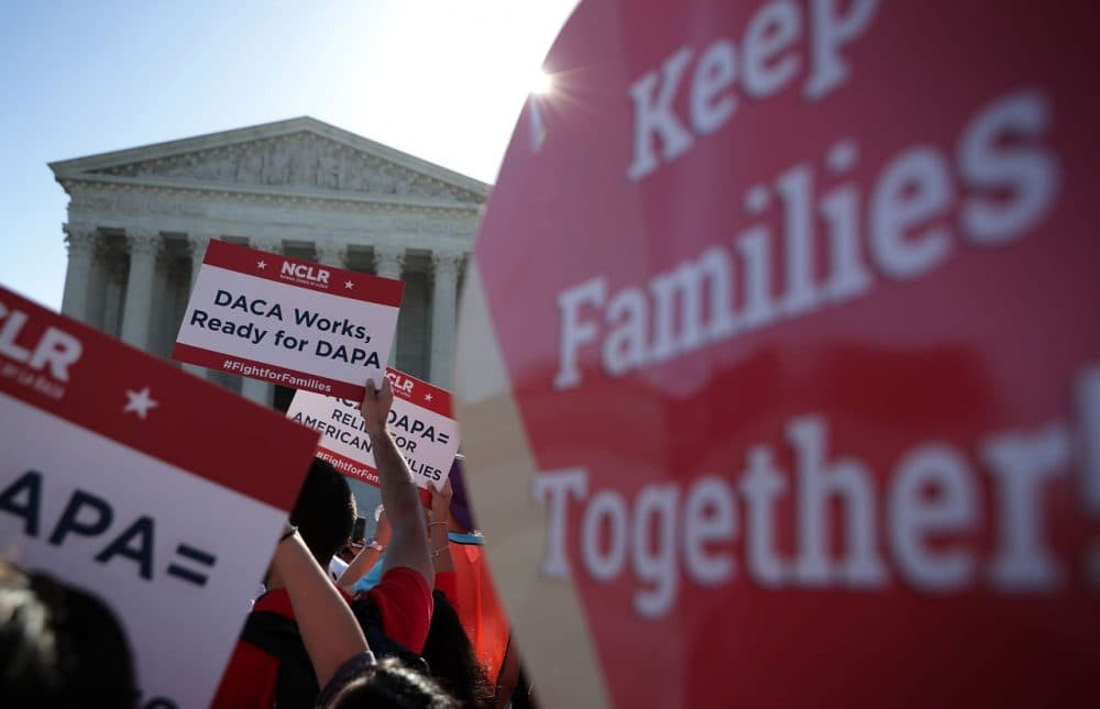 Pro-immigration activists gather in front of the U.S. Supreme Court on April 18, 2016 in Washington, DC. The Supreme Court is scheduled to hear oral arguments in the case of United States v. Texas, which is challenging President Obama's 2014 executive actions on immigration - the Deferred Action for Childhood Arrivals (DACA) and Deferred Action for Parents of Americans and Lawful Permanent Residents (DAPA) programs. (Alex Wong/Getty Images)