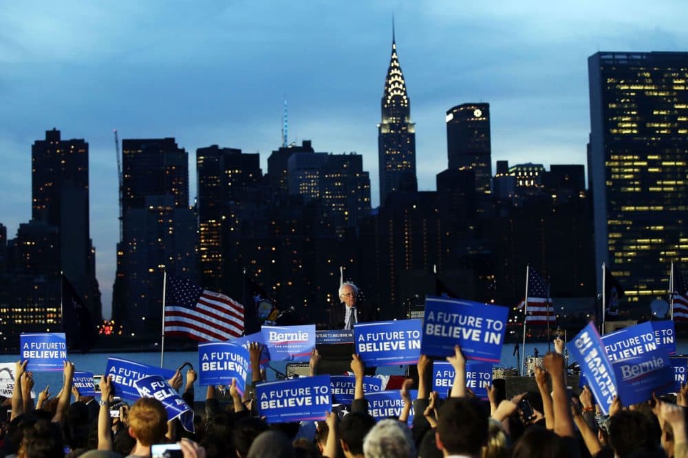 Democratic Presidential candidate Bernie Sanders speaks at a campaign rally on the eve of the New York primary, April 18, 2016 in the Queens borough of New York City. (Spencer Platt/Getty Images)