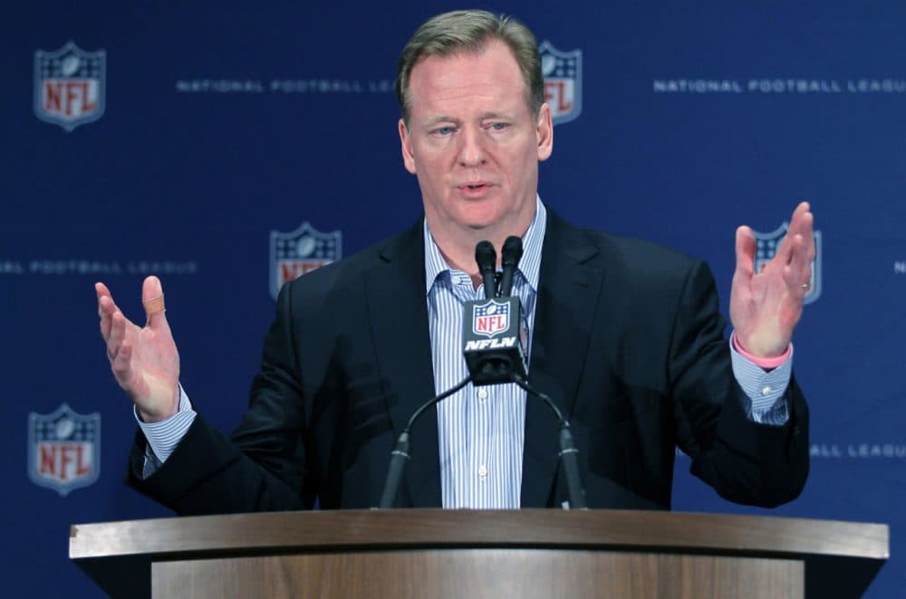 In this March 23, 2016, photo, NFL Commissioner Roger Goodell gestures during a press conference at the NFL owners meeting in Boca Raton, Fla. (Luis M. Alvarez/AP)