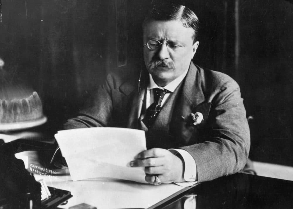 Circa 1905:  Theodore Roosevelt (1858 - 1919), the 26th President of the United States (1901-09) sitting at his desk, working.  (Hulton Archive/Getty Images)