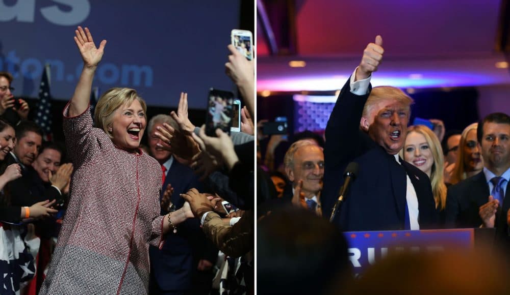 Democrat Hillary Clinton and Republican Donald Trump celebrate their primary wins in New York on April 19, 2016. (Justin Sullivan, Jewel Samad/Getty Images)