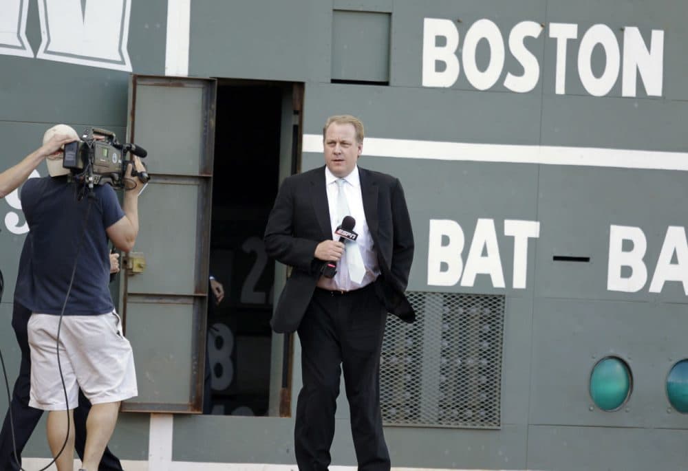 ESPN baseball analyst, former Boston Red Sox pitcher Curt Schilling, on the field at Fenway Park before the opening game of the baseball season between the Boston Red Sox and New York Yankees Sunday, April 4, 2010, in Boston. (Charles Krupa/AP)