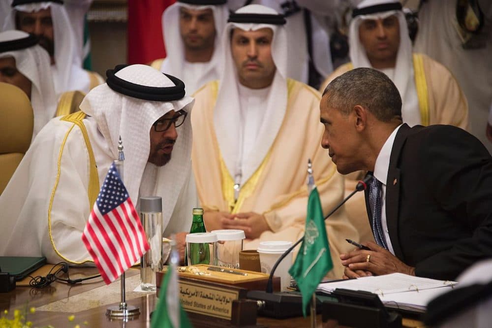 US President Barack Obama (R) speaks with Sheikh Mohammed bin Zayed al-Nahyan (L), Crown Prince of Abu Dhabi, during the US-Gulf Cooperation Council Summit in Riyadh, on April 21, 2016.
Obama met Gulf leaders in Saudi Arabia to push for an intensified campaign against the Islamic State group, despite strains in Gulf ties with Washington. (JIM WATSON/AFP/Getty Images)