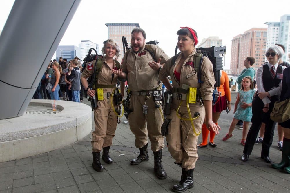Many fans were dressed up as their favorite video game, comic book and movie characters, like these ghostbusters.  (Joe Difazio for WBUR)
