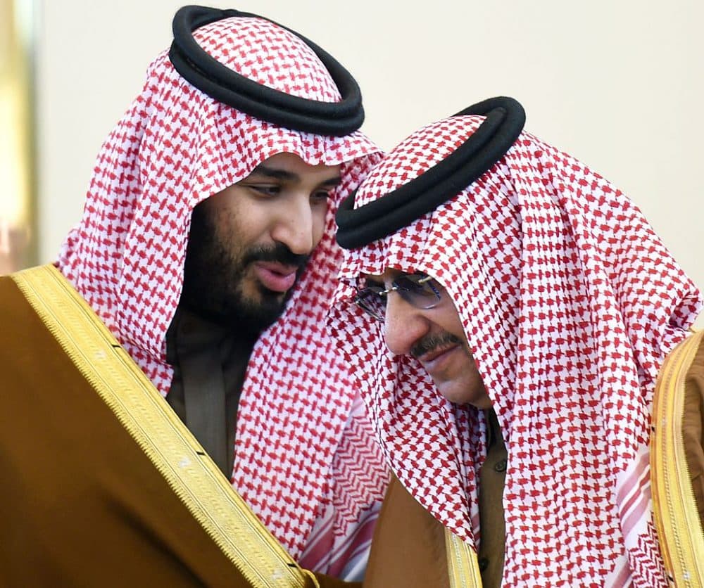 Saudi Defence Minister Mohamed bin Salman (L) talks with Crown Prince and Interior Minister Mohammed bin Nayef during the 136th Gulf Cooperation Council (GCC) summit, in the Saudi capital Riyadh, on December 9, 2015. (FAYEZ NURELDINE/AFP/Getty Images)