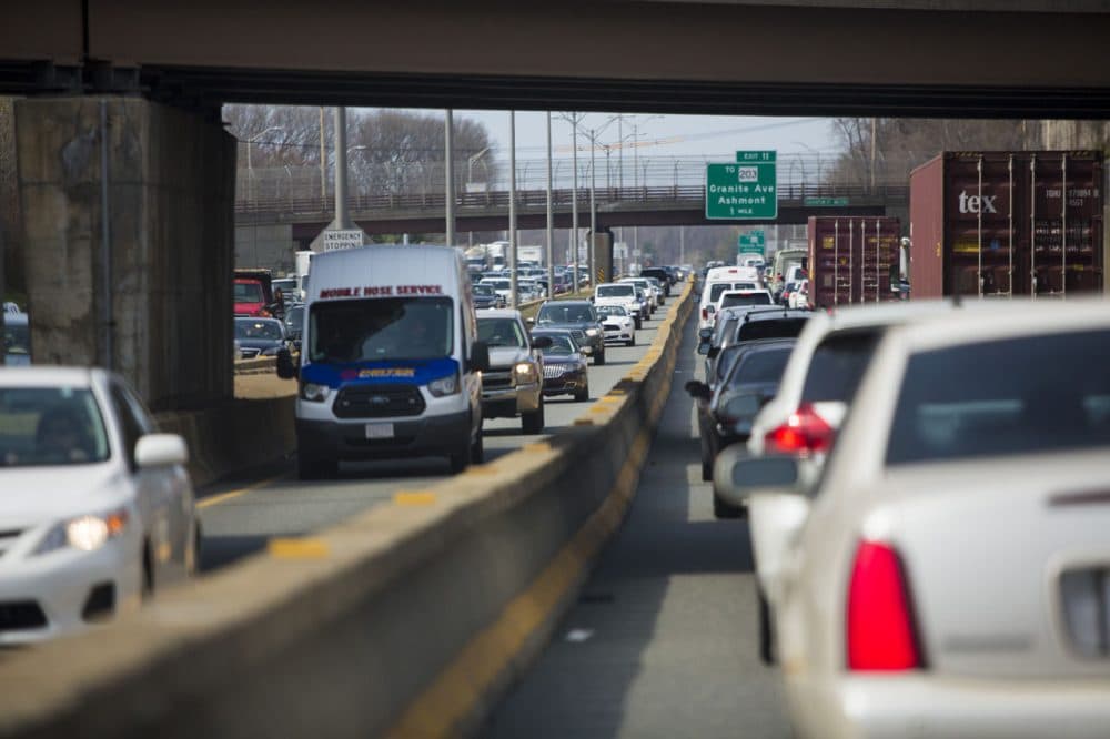 The worsening traffic in Boston -- or any metropolitan area -- does not just cost drivers time. It may also cost them health. Here's early afternoon bumper-to-bumper traffic on 93 in Milton (Jesse Costa/WBUR)