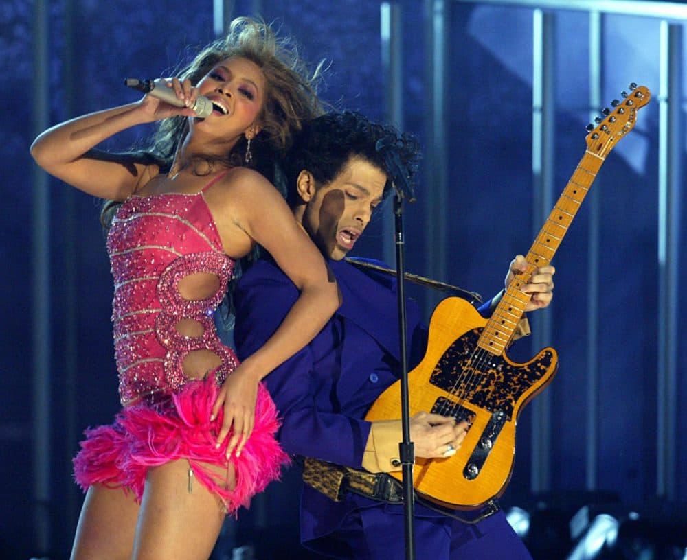 Prince (right) and Beyonce perform the opening act of the 46th Annual Grammy Awards at the Staples Center in Los Angeles on February 8, 2004. (Timothy A. Clary/AFP/Getty Images)