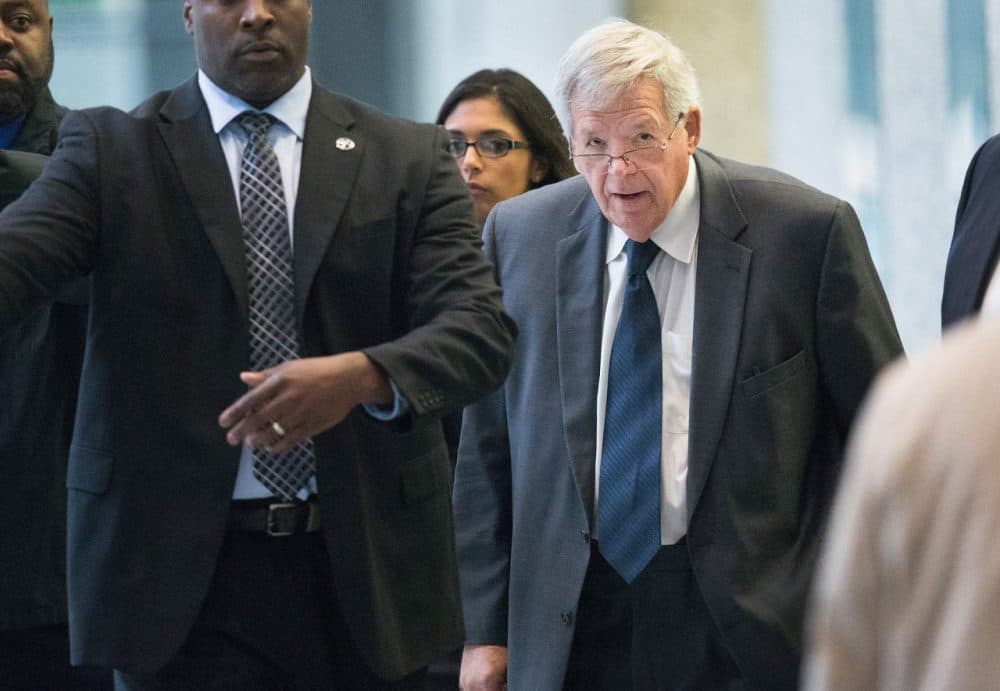 Surrounded by U.S. Marshals, former Republican Speaker of the House Dennis Hastert leaves the Dirksen Federal Courthouse on October 28, 2015 in Chicago, Illinois. Hastert plead guilty to bank fraud charges after he was accused of intentionally evading federal reporting requirements involving bank transactions. Hastert is alleged to have withdrawn more than $1.5 million dollars in several installments from bank accounts to make payments to an 'Individual A' to cover-up sexual abuse that reportedly took place when Hastert was a teacher and wrestling coach at Yorkville High School. (Scott Olson/Getty Images)