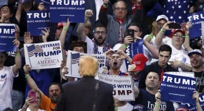 Supporters cheer as Republican presidential candidate, Donald Trump speaks at a campaign rally Monday, April 25, 2016, in Wilkes-Barre, Pa. (Mel Evans/AP)