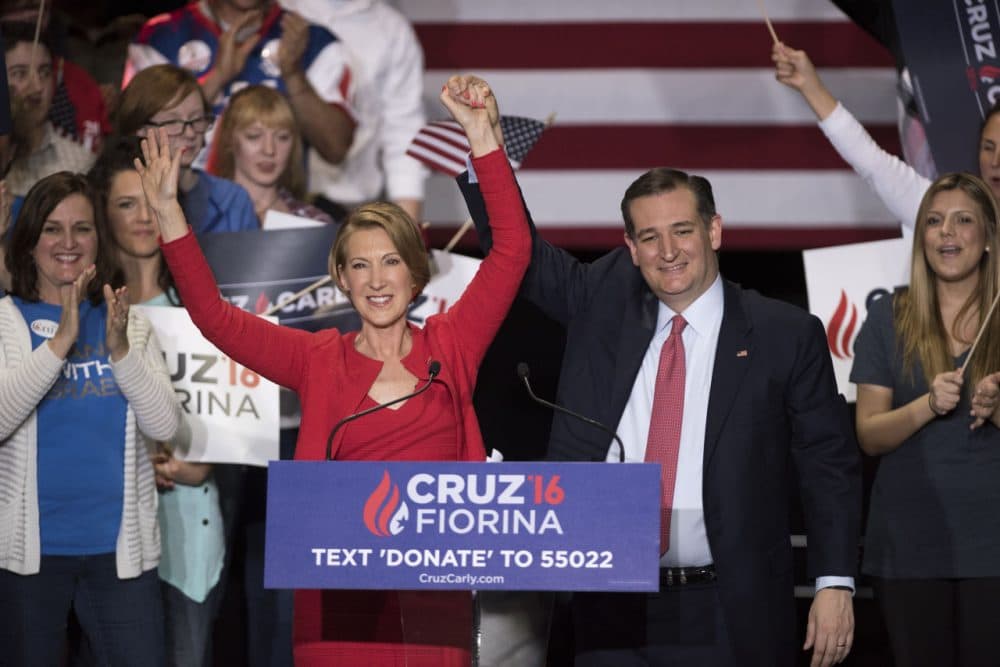 Republican presidential candidate Sen. Ted Cruz (R-TX) holds up hands with former Hewlett-Packard chief executive Carly Fiorina, at a campaign rally in the Pavilion at the Pan Am Plaza on April 27, 2016 in Indianapolis, Indiana. Cruz named Carly Fiorina as his pick for Vice President running mate during the rally. (Ty Wright/Getty Images)