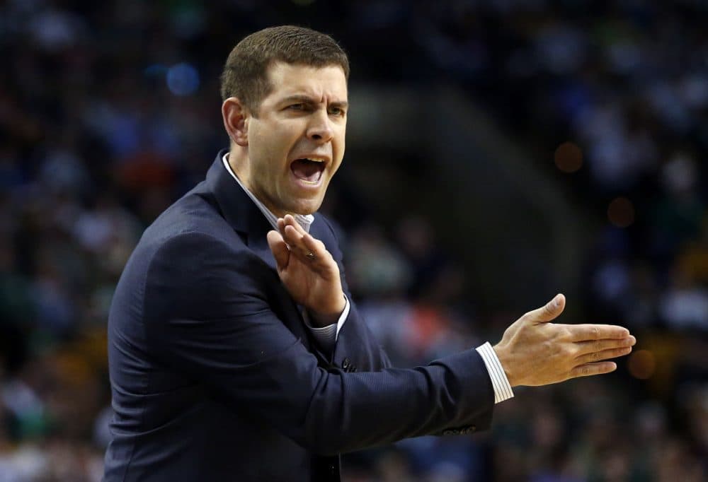 Celtics head coach Brad Stevens yells at a referee during the first quarter of their 114-100 loss to the Charlotte Hornets in in Boston on Monday. (Winslow Townson/AP)