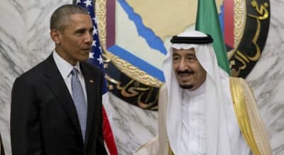 President Barack Obama and Saudi Arabia's King Salman stand together at the Diriyah Palace during the Gulf Cooperation Council Summit in Riyadh, Saudi Arabia, Thursday, April 21, 2016. (Carolyn Kaster/AP)