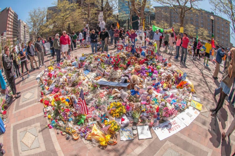 The makeshift memorial at Copley Square, photographed on May 4, 2013. (Courtesy Joshua Touster)