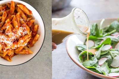 (IFrom Left) Penne Arrabbiata and a Make-Ahead Vinaigrette and Salad from Cook's Illustrated. (Courtesy Cook's Illustrated)