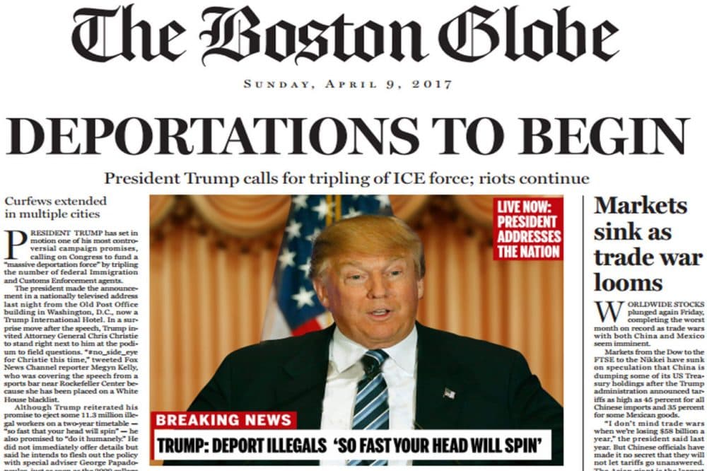 A portion of a satirical front page future issue of the Boston Globe, published Sunday, April 10, 2016. (Courtesy Boston Globe)