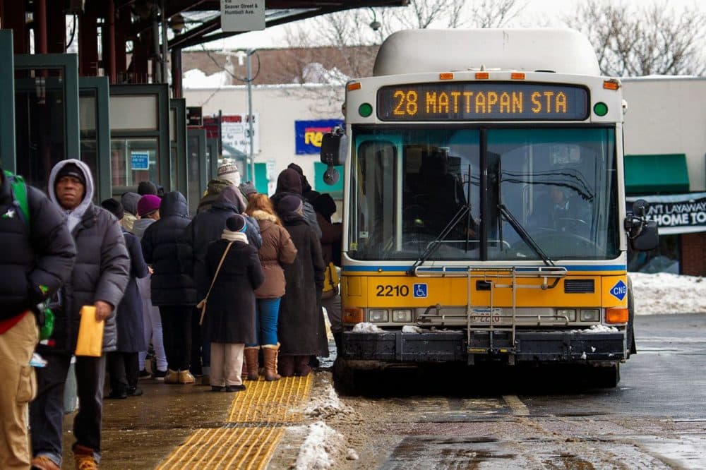 According to the Conservation Law Foundation, by 2021 the number of MBTA buses operating beyond their useful life would climb from 642 to 908. (Jesse Costa/WBUR)