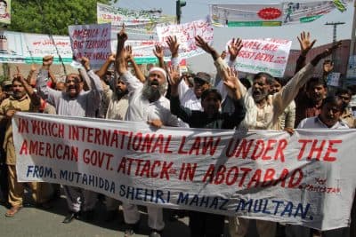 Pakistani protesters from the United Citizen Action (UCA) group shout anti-US slogans during a protest on the third anniversary of the death of slain Al-Qaeda leader Osama bin Laden, in Multan on May 2, 2014. The al-Qaeda founder Osama bin Laden and 9/11 mastermind was killed on May 2, 2011 in a secret US Navy SEAL operation in a walled-off compound in the Pakistani garrison town of Abbottabad, north of the Pakistani capital. AFP PHOTO/ SS MIRZA        (SS Mirza/AFP/Getty Images)