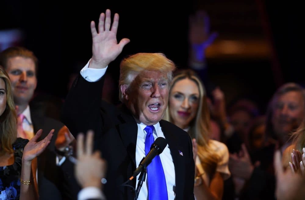 US Republican presidential candidate Donald Trump waves after speaking in New York on May 3, 2016, following the primary in Indiana. 
Jewel Samad/AFP/Getty Images)
