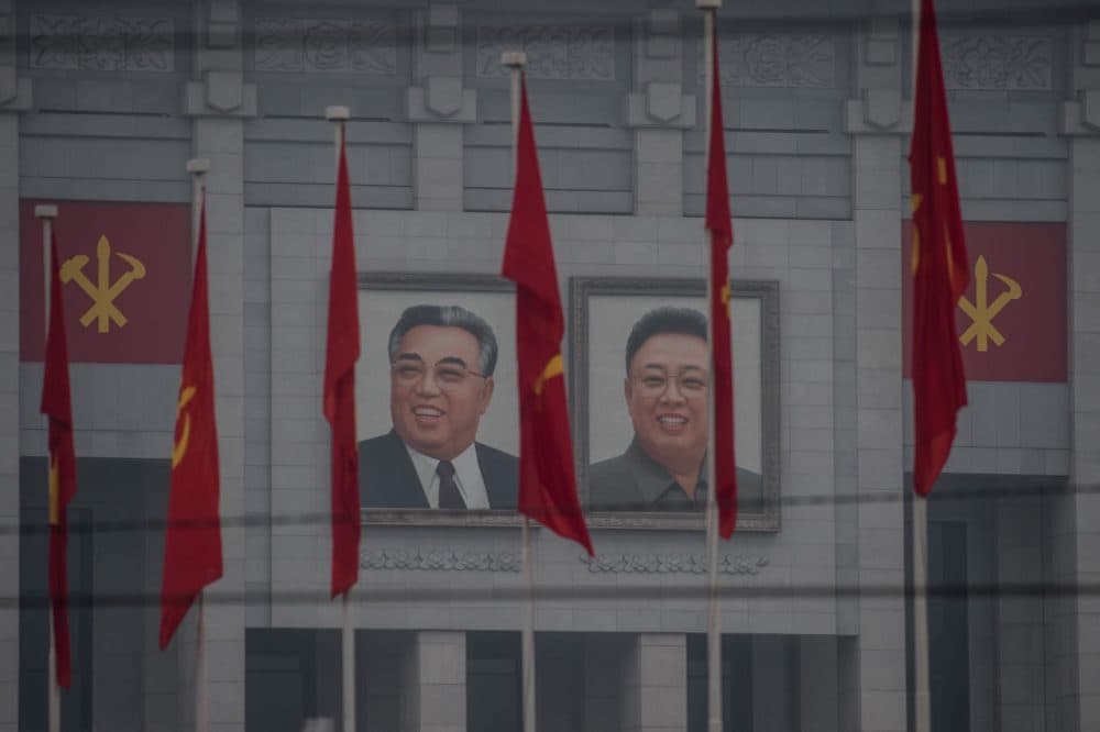 A general view shows portraits of late North Korean leaders Kim Il-Sung (L) and Kim Jong-Il (R) on the 'April 25 Palace', the venue of the 7th Workers Party Congress in Pyongyang on May 6, 2016.
North Korea on May 6 kicked off its biggest political show for a generation, aimed at cementing the absolute rule of leader Kim Jong-Un and shadowed by the possibility of an imminent nuclear test.  (Ed Jones/AFP/Getty Images)