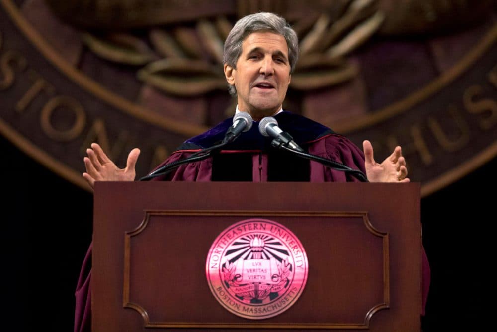 Secretary of State John Kerry gives the keynote address during Northeastern University's commencement ceremonies in Boston on Friday. (Michael Dwyer/AP)