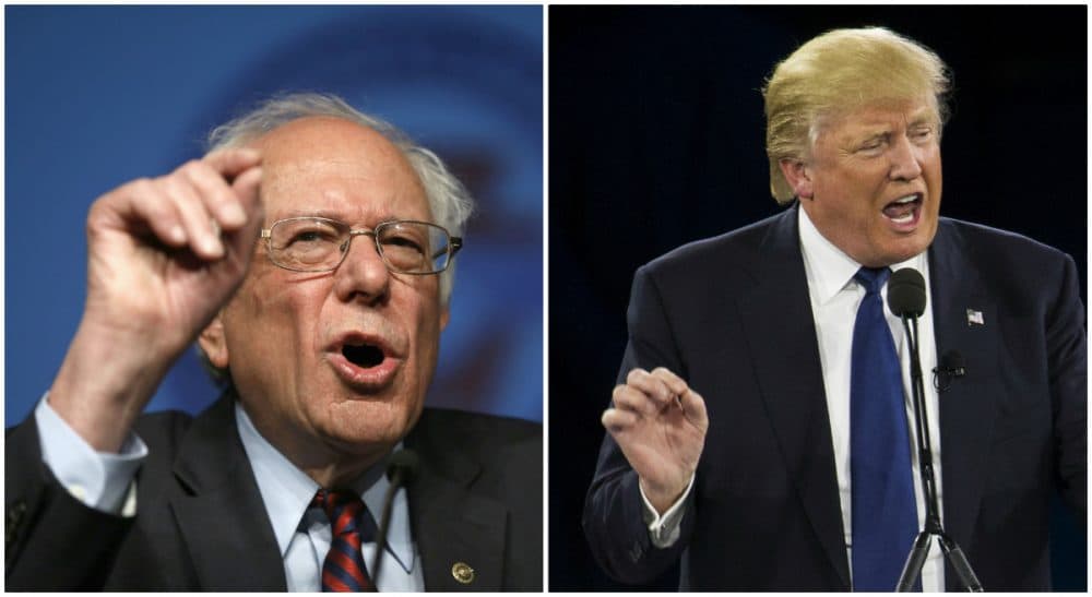 Left, Republican presidential candidate Donald Trump speaks in Washington on March 21, 2016. Right, Democratic presidential candidate Bernie Sanders speaks in Philadelphia on April 7, 2016. (Both photos/AP)