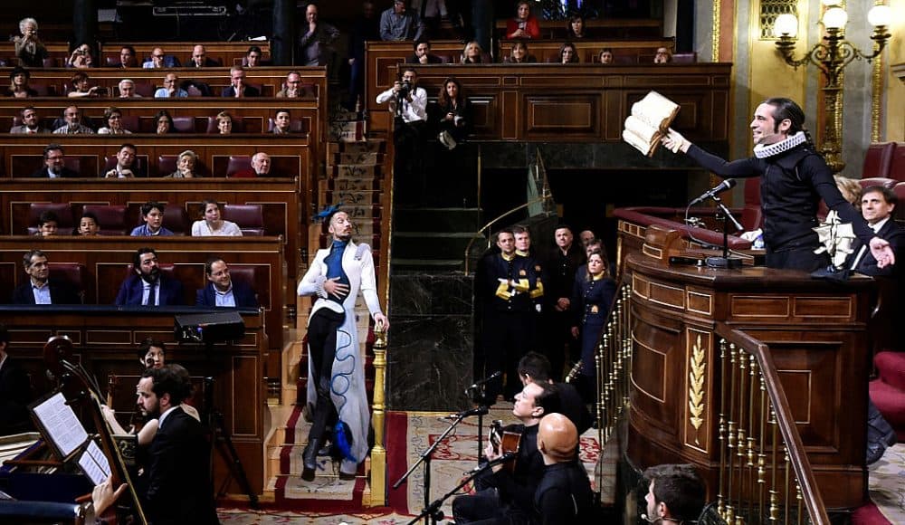 Actors recite passages of the book &quot;Don Quixote&quot; as they perform during a commemoration of the 400th anniversary of Spanish writer Miguel de Cervantes' death at Las Cortes (Spanish parliament) in Madrid on April 21, 2016. This week Spain marks the fourth centenary of the death of Miguel de Cervantes, the author of the world-famous novel &quot;Don Quixote&quot;, who died on April 22, 1616 in Madrid but the event has always been commemorated on the 23rd -- the day when he was buried -- coinciding with the passing of British literary co-star Shakespeare. (GERARD JULIEN/AFP/Getty Images)