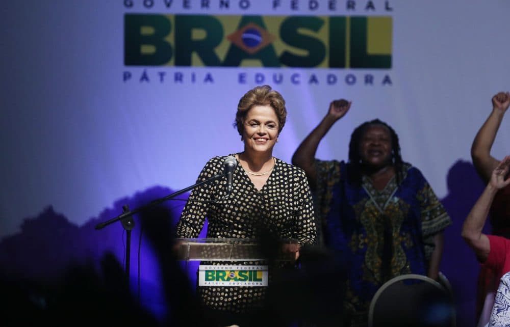 Embattled Brazilian President Dilma Rousseff speaks at a women's conference on May 10, 2016 in Brasilia, Brazil. Rousseff is facing an impeachment vote in the Senate tomorrow that could force her to step down from the presidency for 180 days and face trial.  (Mario Tama/Getty Images)
