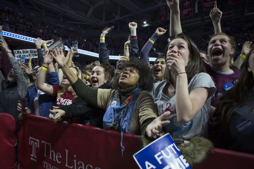 Supporters cheer for Democratic presidential candidate Sen. Bernie Sanders (D-VT) at a rally at Temple University on April 6, 2016 in Philadelphia, Pennsylvania. The Pennsylvania Democratic Primary is scheduled for April 26, 2016. (Jessica Kourkounis/Getty Images)