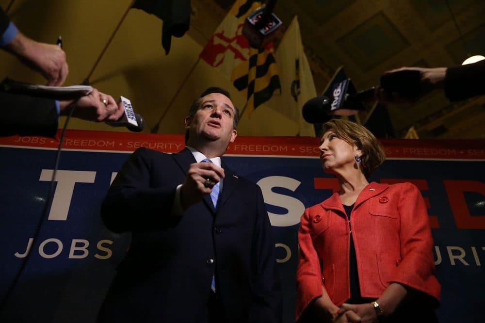 Former Republican presidential candidate Sen. Ted Cruz (R-TX) and his Vice Presidential candidate, former Hewlett-Packard chief executive Carly Fiorina, speak with the media before participating in a taping of Fox News Channel's The Sean Hannity Show at the Indiana War Memorial on April 29, 2016 in Indianapolis, Indiana. (Joe Raedle/Getty Images)