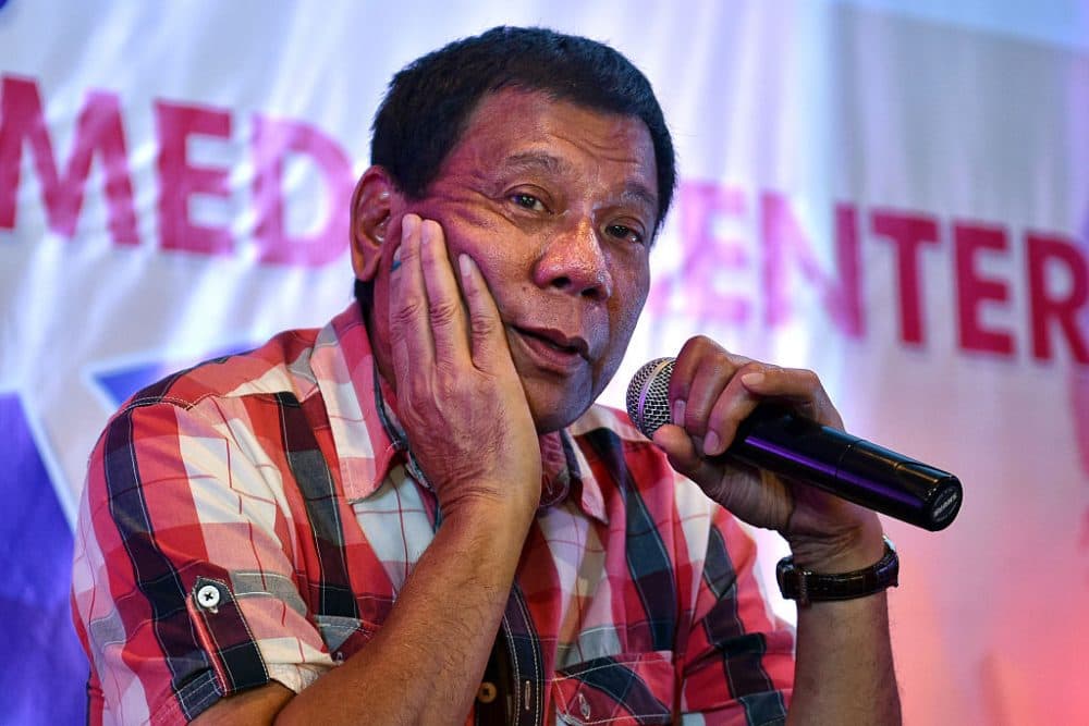 Rodrigo Duterte answers questions from journalists during a press conference on May 10, 2016 in Davao City, Philippines. Duterte is set to become the Philippines' next president after Monday's election. (Jes Aznar/Getty Images)