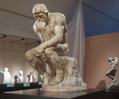 Rodin’s “The Thinker” on display at the Peabody Essex Museum’s new exhibit, “Rodin: Transforming Sculpture.” (Andrea Shea/WBUR)