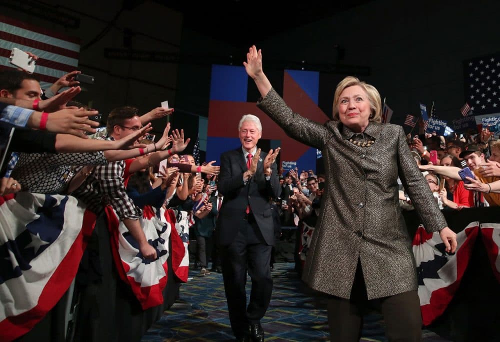 Democratic presidential candidate Hillary Clinton and former U.S. president Bill Clinton greet supporters during a primary night gathering at the Philadelphia Convention Center on April 26, 2016 in Philadelphia, Pennsylvania. Clinton defeated her democratic rival Sen. Bernie Sanders (D-VT) in the Pennsylvania presidential primary.  (Justin Sullivan/Getty Images)