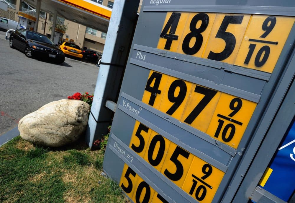 A sign shows gas prices nearing $5 a gallon for regular unleaded at a Shell service station on March 5, 2012 in Los Angeles, California. According to AAA the average price of regular unleaded gasoline climbed three-tenths of a cent nationwide as a result of high oil prices and tensions tied to Iran's nuclear program.  (Kevork Djansezian/Getty Images)