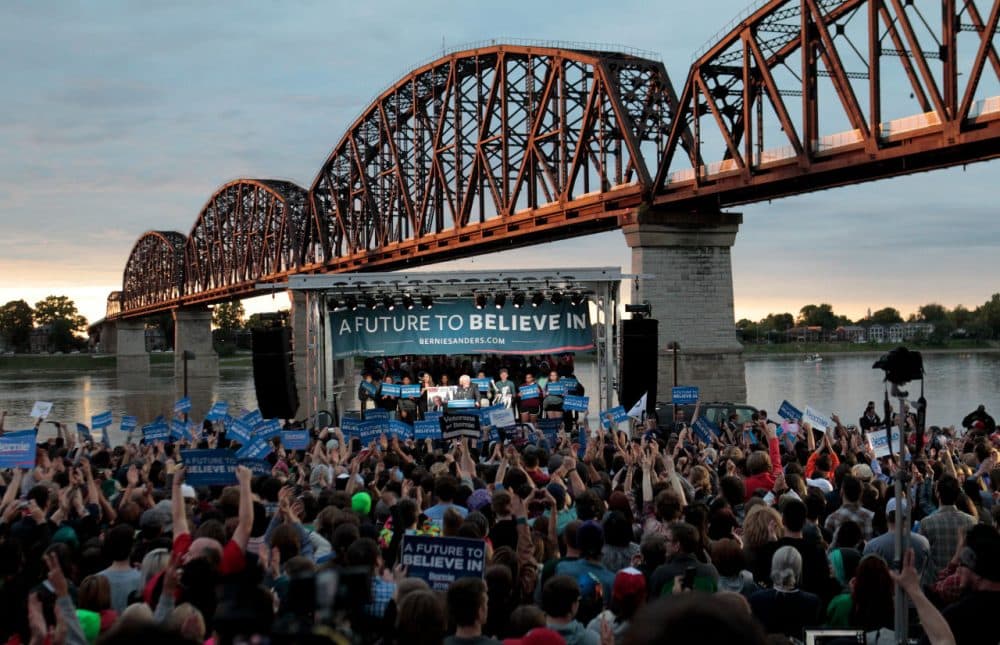 Democratic presidential candidate Bernie Sanders addresses the crowd during a campaign rally at the Big Four Lawn park May 3, 2016 in Louisville, Kentucky. Sanders is preparing for Kentucky's May 17th primary. (John Sommers II/Getty Images)