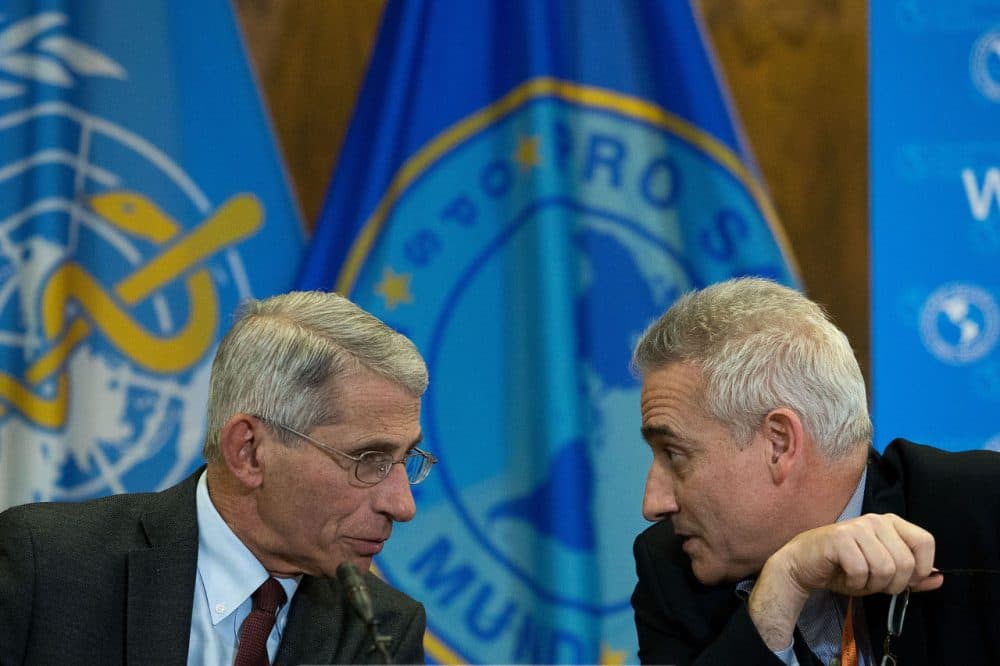 Dr. Anthony Fauci, director of the National Institute of Allergy and Infectious Diseases (NIAD), speaks with Dr. Sylvain Aldighieri, Zika Incident Manager for the Pan American Health Organization (PAHO), during a media briefing concerning the Zika virus, at the Pan American Health Organization headquarters, May 3, 2016, in Washington, DC. (Drew Angerer/Getty Images)