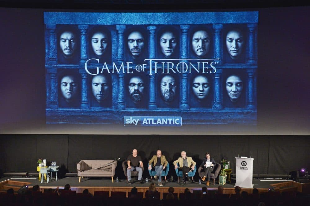 Weapons Master Tommy Dunne, Comedian Al Murray, Actor Ian McElhinney and Presenter Sue Perkins during Game of Thrones: From Page to Screen part of Advertising Week Europe 2016 day 4 at Picturehouse Central on April 21, 2016 in London, England.  (Jeff Spicer/Getty Images for Advertising Week Europe)