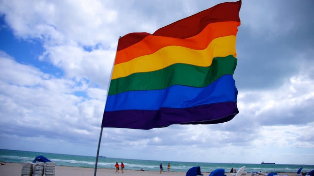 A large rainbow flag flies over 12th Street Beach in South Beach, Miami.  (Ted Eytan/Flickr)
