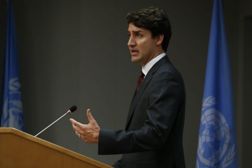Canadian Prime Minister Justin Trudeau speaks during a press conference at the United Nations after the Opening Ceremony of the High-Level Event for the Signature of the Paris Agreement April 22, 2016 in New York. (Kena Betancur/AFP/Getty Images)