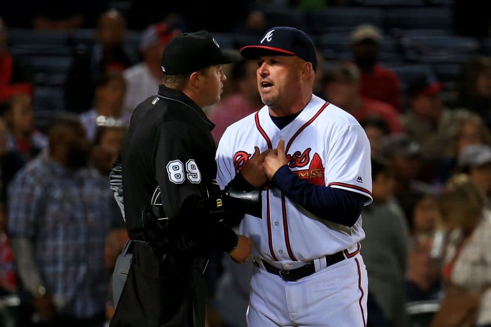 ATLANTA, GA - MAY 06: Fredi Gonzalez #33 of the Atlanta Braves argues with an umpire in the fourth inning against the Arizona Diamondbacks at Turner Field on May 6, 2016 in Atlanta, Georgia. (Photo by Daniel Shirey/Getty Images)