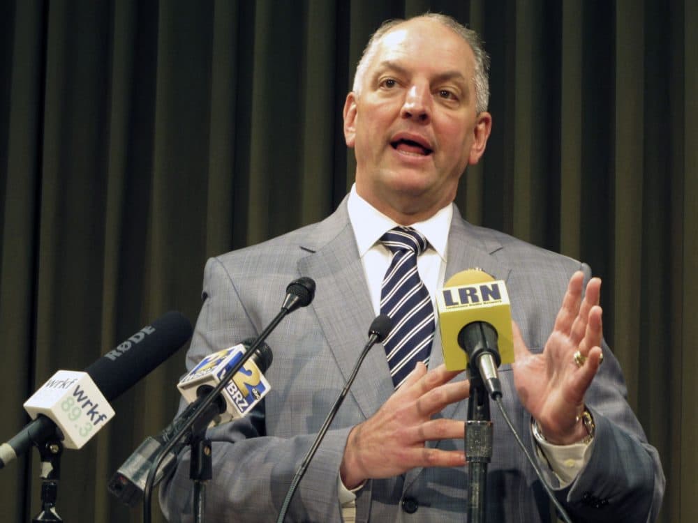 Gov. John Bel Edwards talks about the state's budget and his plans to call a special session for June to try to raise revenue to stave off cuts, on Thursday, May 5, 2016, in Baton Rouge, La. (Melinda Deslatte/AP)