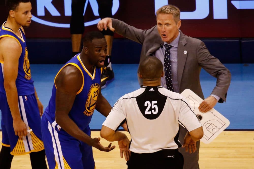Everyone, now including Bill Littlefield, Craig Calcaterra, and David Steele, has been debating whether or not Draymond Green should have been suspended for kicking OKC's Steven Adams in the You-Know-Where. (Photo by J Pat Carter/Getty Images)
