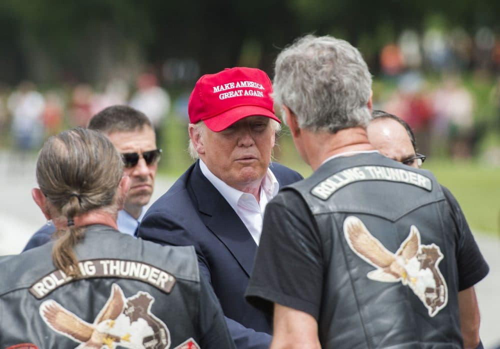 Republican presedential candidate Donald Trump shakes hands with veterans during the annual Rolling Thunder &quot;Ride for Freedom&quot; parade ahead of Memorial Day in Washington, DC, on  May 29, 2016. (Andrew Caballero-Reynolds/AFP/Getty Images)