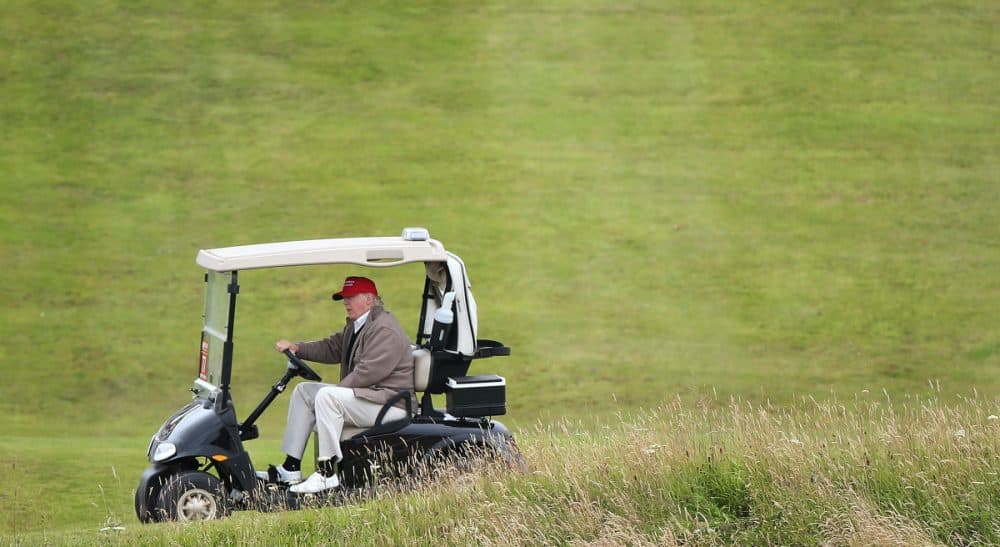 Frederick Hewett: &quot;He’ll soon realize that he can’t afford to maintain his 'it’s just the weather' stance.&quot; Presidential contender Donald Trump drives his golf cart on the Turnberry golf course in Turnberry, Scotland, Friday, July 31, 2015. (Scott Heppell/AP)
