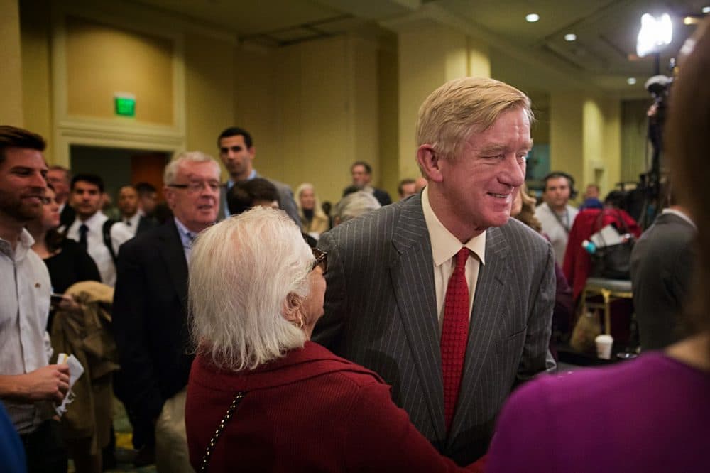Former Gov. Bill Weld arrives at now-Gov. Charlie Baker’s election night victory party on Nov. 4, 2014. Weld will run for vice president on the Libertarian Party ticket. (Jesse Costa/WBUR)