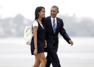 FILE- In this April 8, 2016, file photo, President Barack Obama and his daughter Malia walk from Marine One toward Air Force One at Los Angeles International Airport. Malia is taking a year off after graduating from high school before attending Harvard University as part of an expanding program for students known as a &quot;gap year.&quot; (AP Photo/Nick Ut, File)