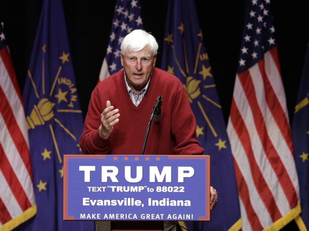 Former Indiana basketball coach Bob Knight spoke during a campaign stop for Republican presidential candidate Donald Trump in April. (Darron Cummings/AP)