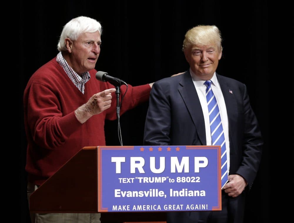 Former Indiana basketball coach Bobby Knight talks about Republican presidential candidate Donald Trump during a campaign stop at Old National Events Plaza on April 28 in Evansville, Ind. Trump easily won the Indiana primary Tuesday, on his way to becoming the assured nominee. (Darron Cummings/AP)
