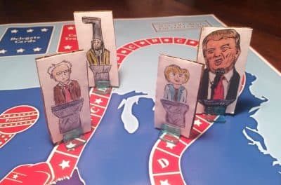 In this handout photo taken April 20, 2016, and provided by Steve Polczwartek New Hampshire presidential primary candidates are seen on a new board game called  &quot;Trunks 'N Asses&quot; developed by Steve Polczwartek and Blake Amacker, co-workers in Keene, N.H. The game features six candidates _ Republicans Donald Trump, Ted Cruz and Marco Rubio; Democrats Hillary Clinton and Bernie Sanders; and Vermin Supreme, a performance artist and perennial candidate in the New Hampshire primary.  (Steve Polczwartek via AP)