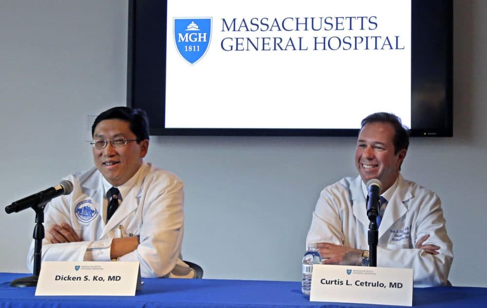 Surgical team members Dr. Dicken Ko, left, and Dr. Curtis Cetrulo address the media during a news conference at Massachusetts General Hospital, Monday. (Elise Amendola/AP)