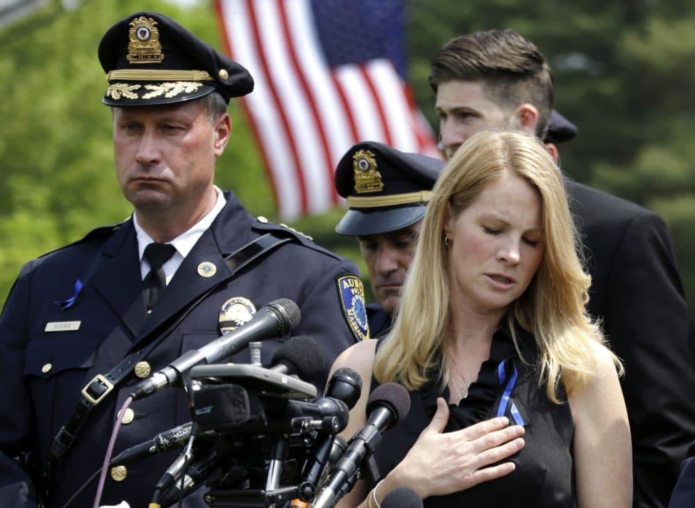 Tricia Tarentino, the widow of slain Auburn Police Officer Ronald Tarentino Jr., at his funeral. (Elise Amendola/AP)